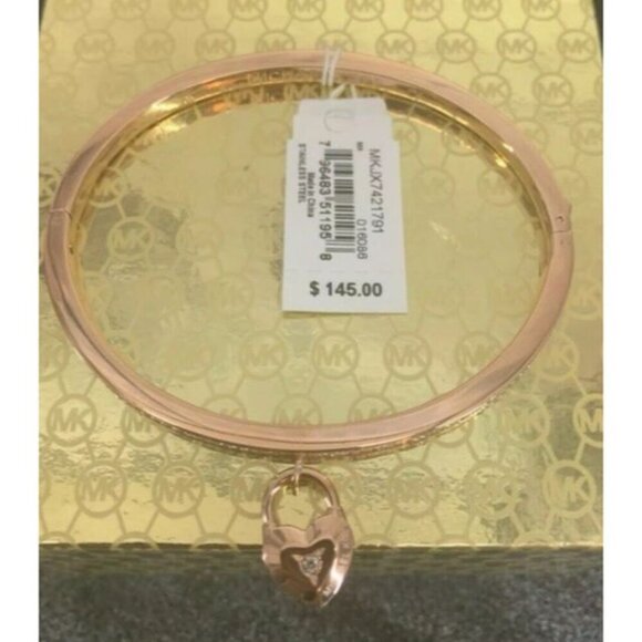 Michael Kors Logo Heart Crystal Charm Rose-Gold Stainless Steel Hinge Bracelet - Picture 6 of 7